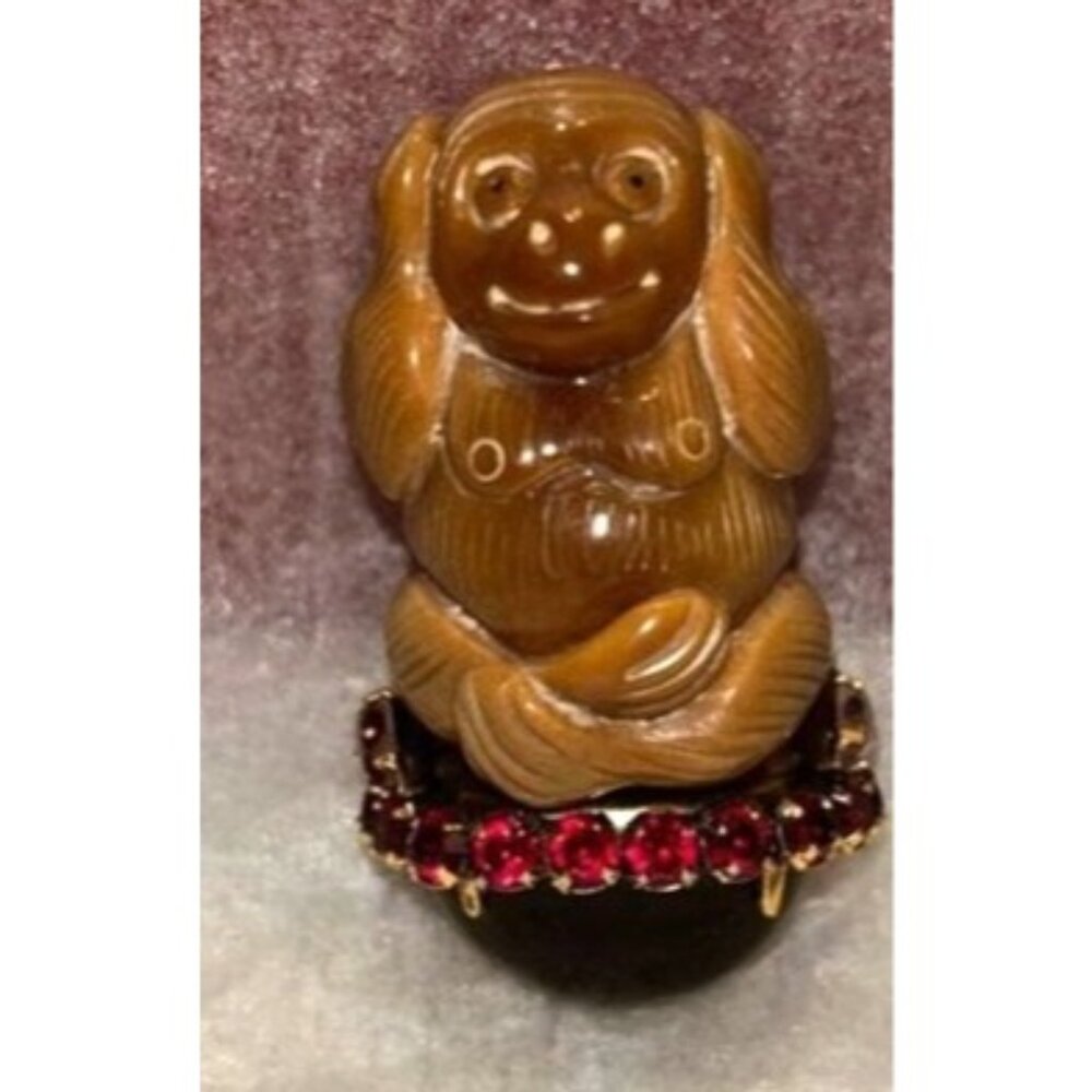 Vintage Leadwood Hear NothingMonkey Brooch With Gemstone Accents By Inadimoini